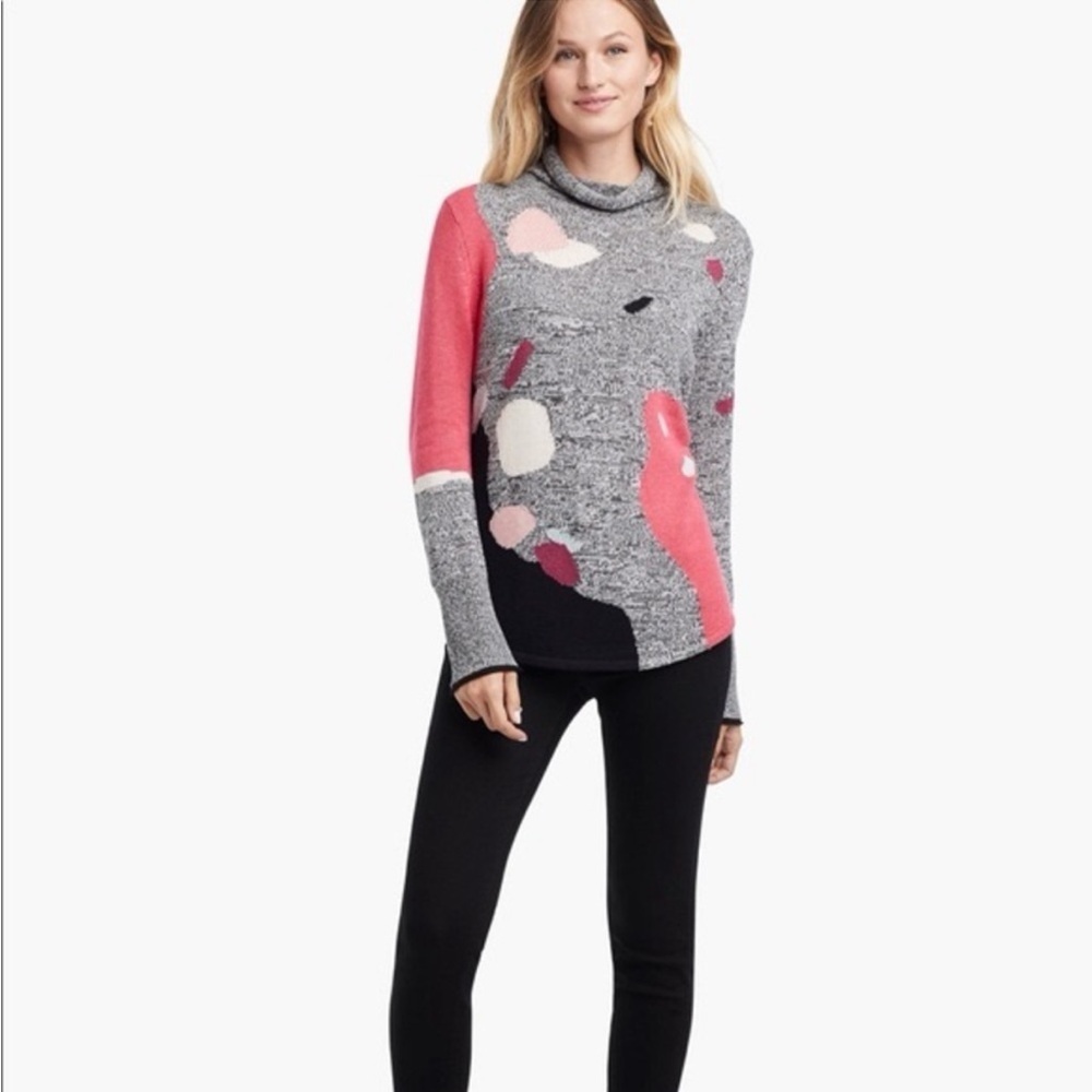 Nic + Zoe Petite Turtleneck Gray Black Pink Abstract Intarsia Sweater Small - Picture 1 of 11